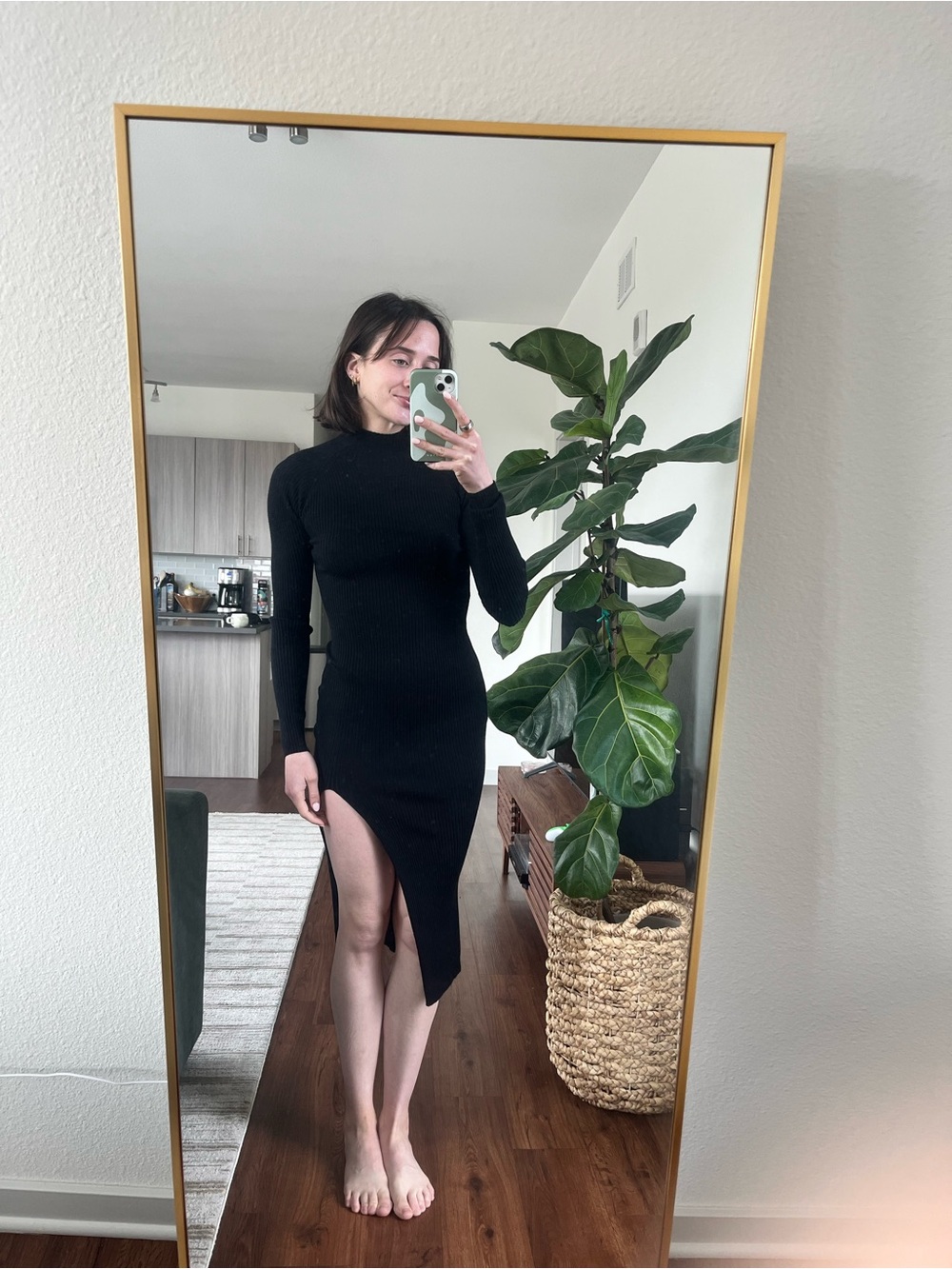 Aritzia Black Ribbed Mock-Neck Long-Sleeve Midi Dress with Side Slit